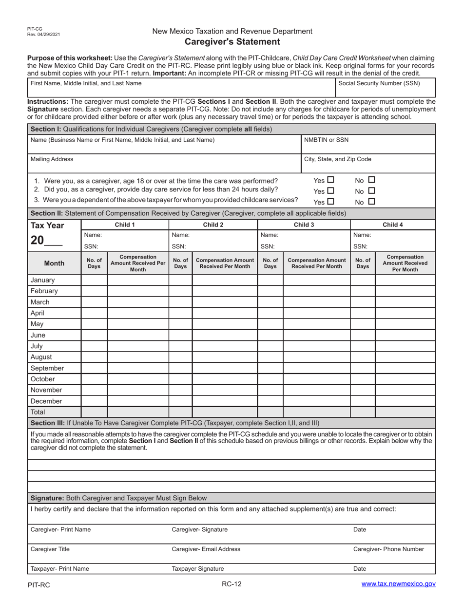 Instructions for Form PIT-RC New Mexico Rebate and Credit Schedule - New Mexico, Page 12