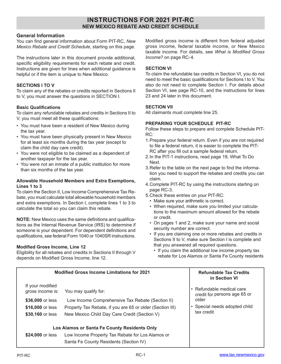 Instructions for Form PIT-RC New Mexico Rebate and Credit Schedule - New Mexico, Page 1