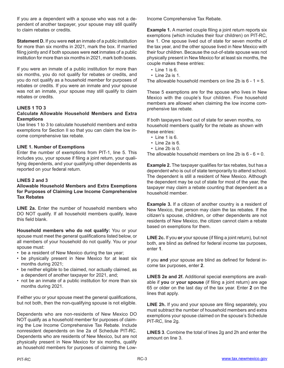 Instructions for Form PIT-RC New Mexico Rebate and Credit Schedule - New Mexico, Page 3