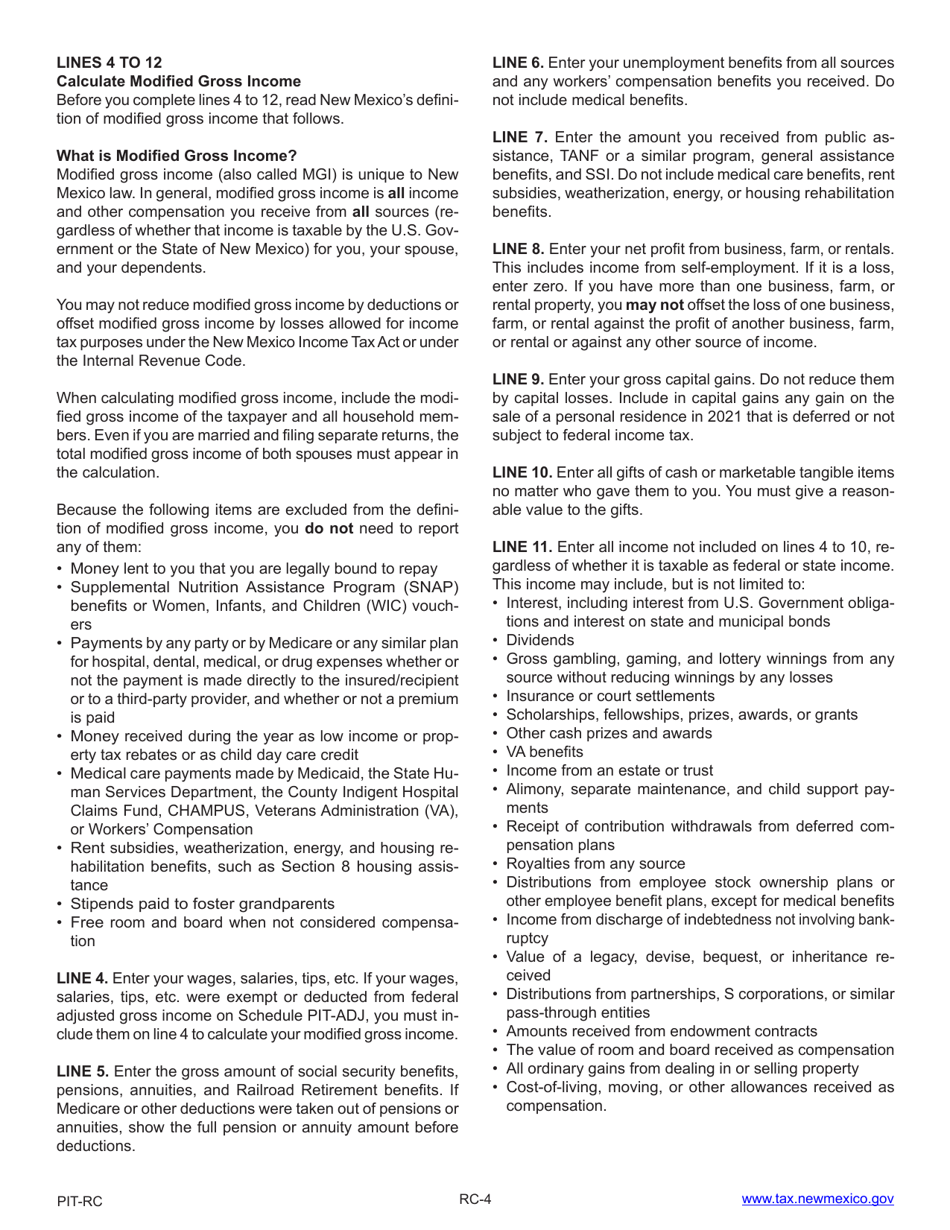 Instructions for Form PIT-RC New Mexico Rebate and Credit Schedule - New Mexico, Page 4