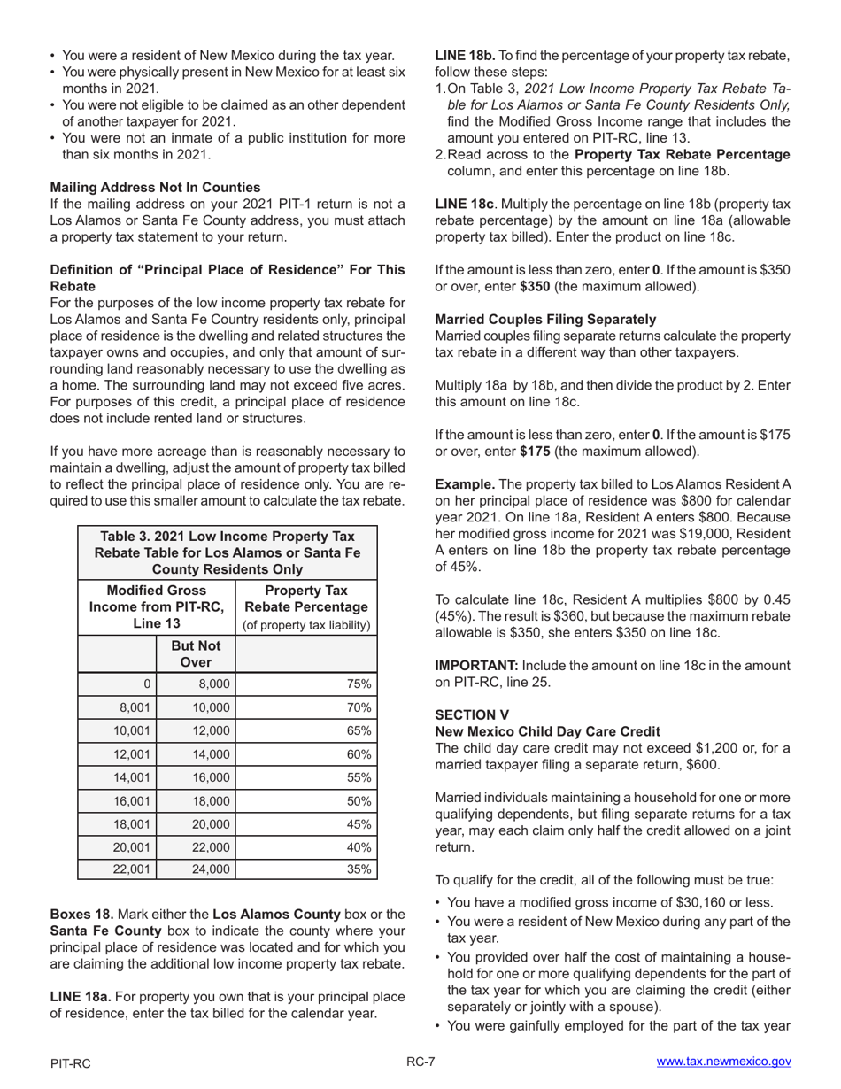 Instructions for Form PIT-RC New Mexico Rebate and Credit Schedule - New Mexico, Page 7