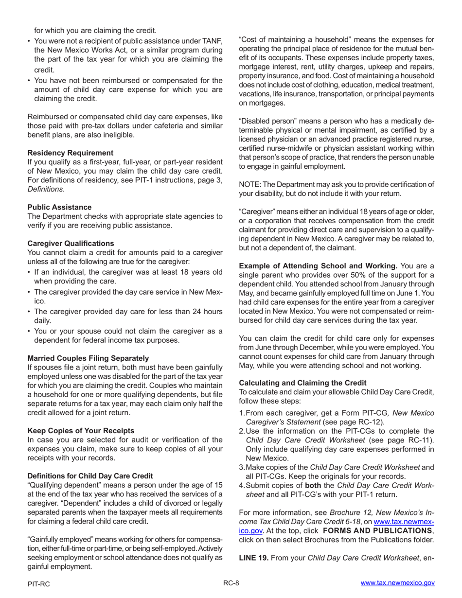 Instructions for Form PIT-RC New Mexico Rebate and Credit Schedule - New Mexico, Page 8