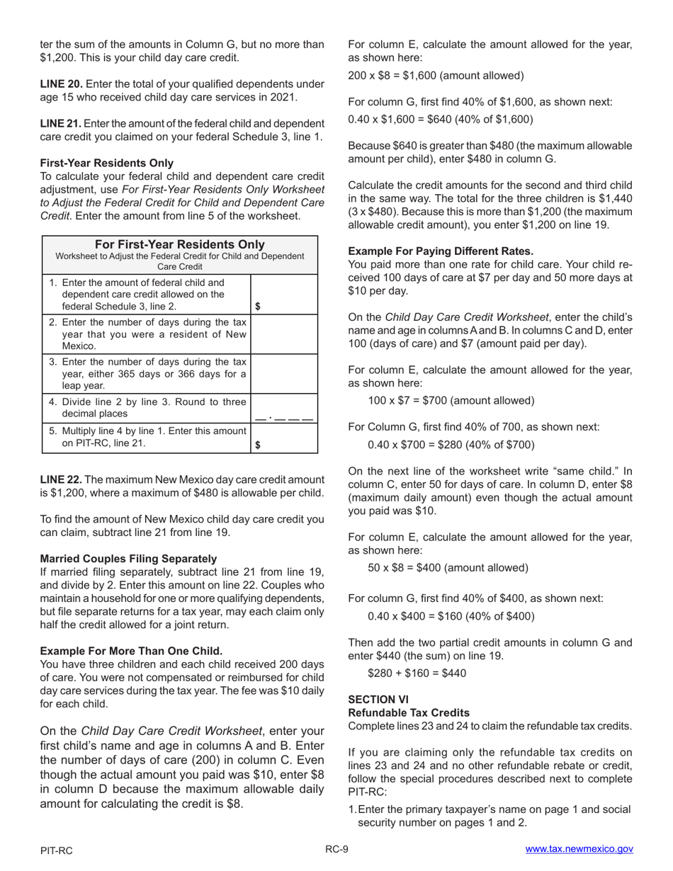 Instructions for Form PIT-RC New Mexico Rebate and Credit Schedule - New Mexico, Page 9