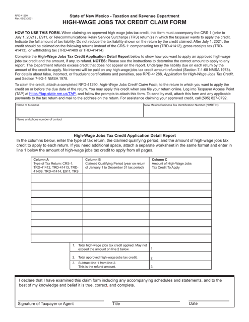 Form RPD-41290 High-Wage Jobs Tax Credit Claim Form - New Mexico