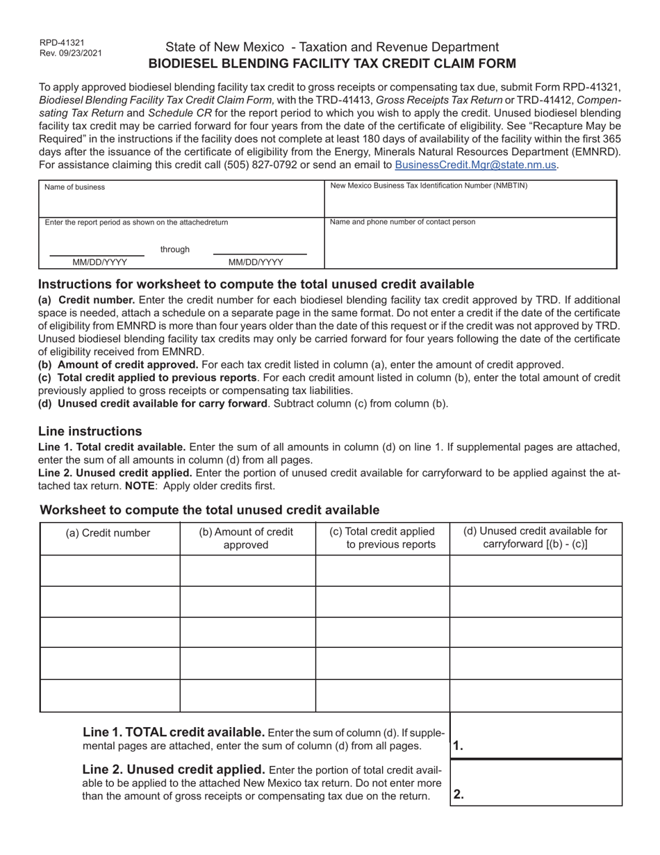 Form RPD-41321 Biodiesel Blending Facility Tax Credit Claim Form - New Mexico, Page 1