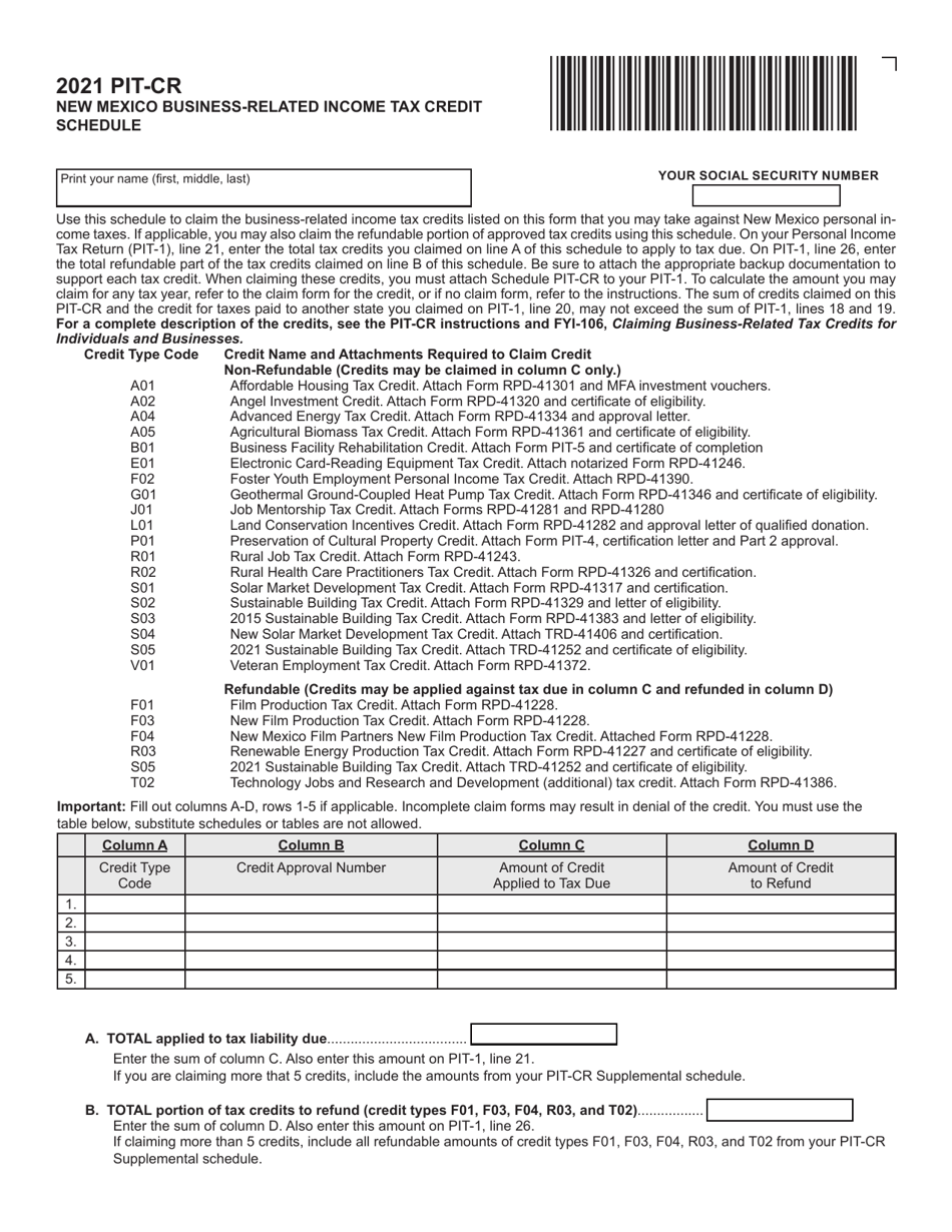 Form PIT-CR Business-Related Income Tax Credit Schedule - New Mexico, Page 1