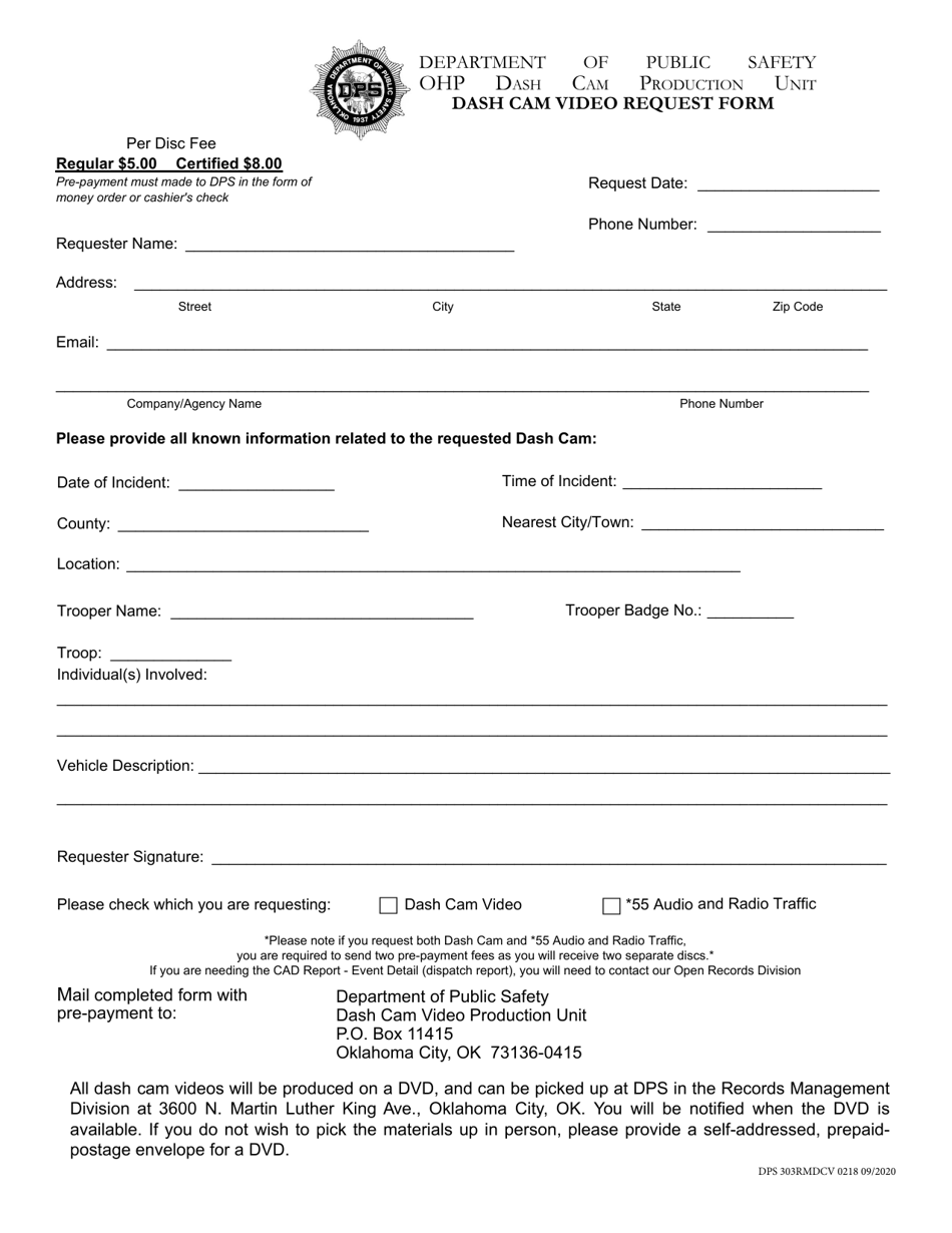 Form DPS303RMDCV Dash Cam Video Request Form - Oklahoma, Page 1