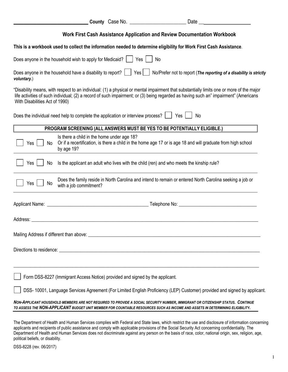 Form DSS-8228 Work First Cash Assistance Application and Review Documentation Workbook - North Carolina, Page 1