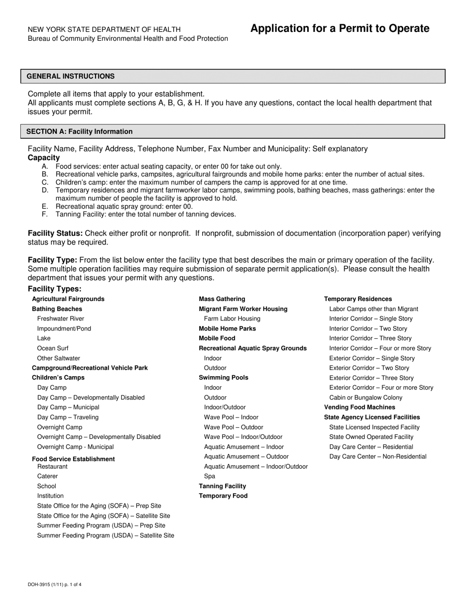 Form DOH-3915 Application for a Permit to Operate - New York, Page 1