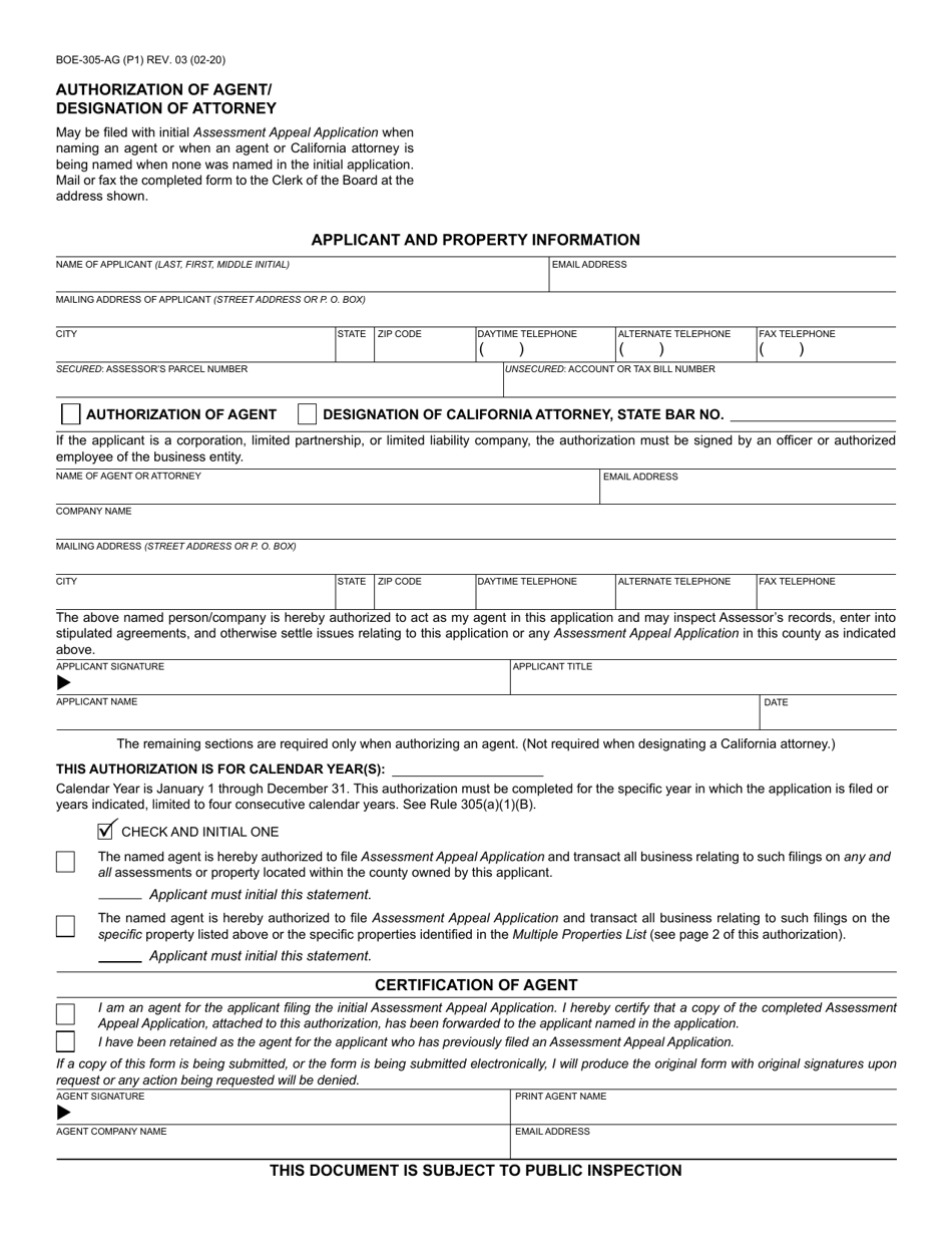Form BOE-305-AG Authorization of Agent / Designation of Attorney - California, Page 1