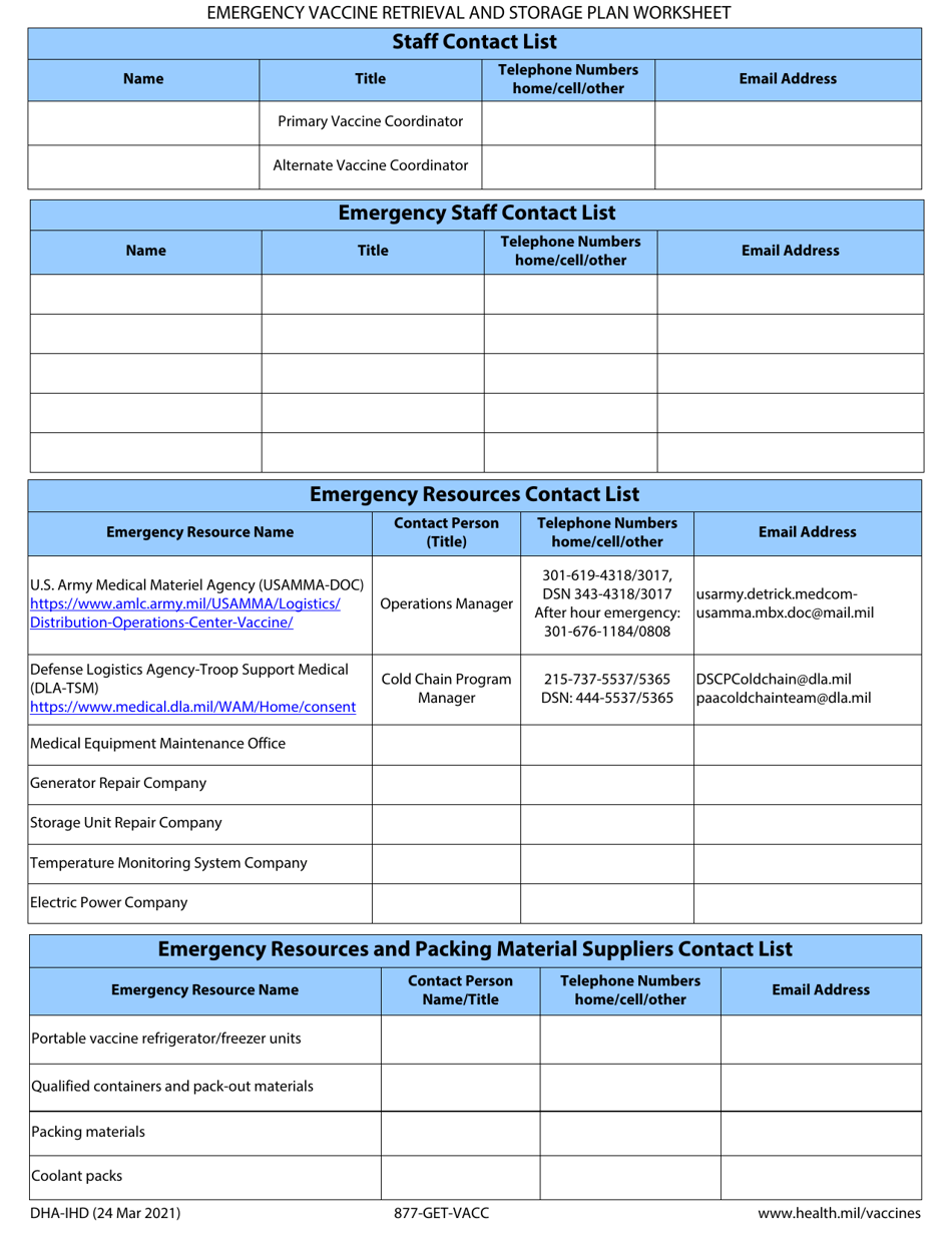 Form DHA-IHD Emergency Vaccine Retrieval and Storage Plan Worksheet, Page 1