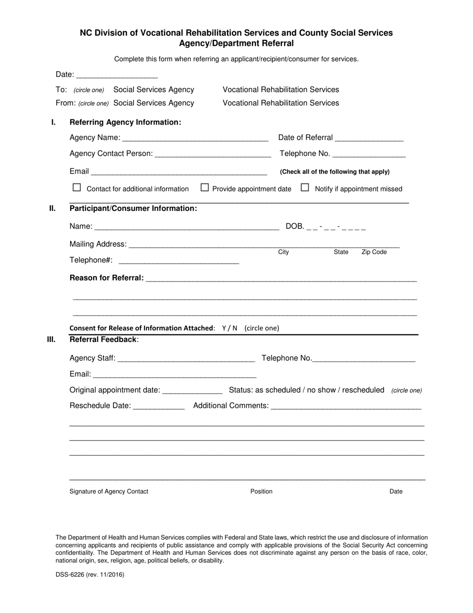 Form DSS-6226 Nc Division of Vocational Rehabilitation Services and County Social Services Agency / Department Referral - North Carolina, Page 1