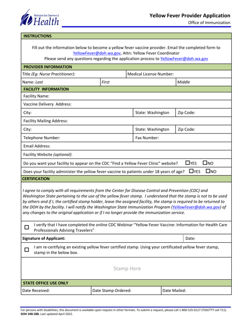 DOH Form 348-288 Yellow Fever Vaccine Provider Application - Washington