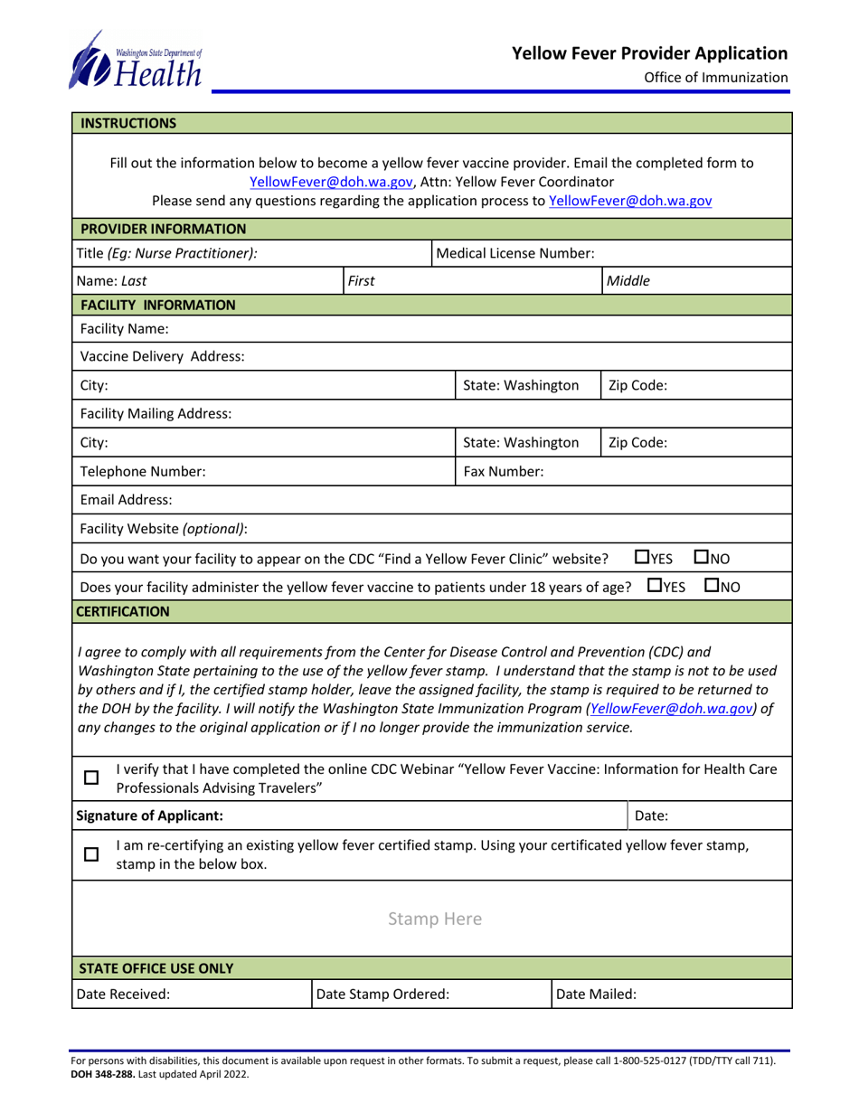 DOH Form 348-288 Yellow Fever Vaccine Provider Application - Washington, Page 1