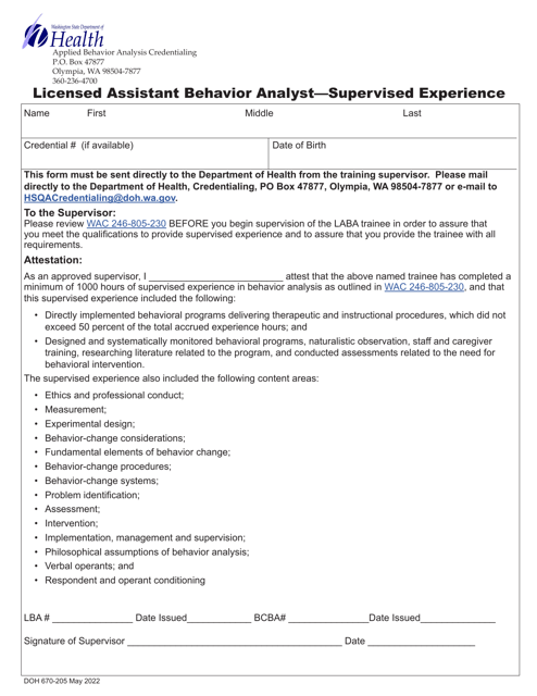 Form DOH670-205 Licensed Assistant Behavior Analyst - Supervised Experience - Washington