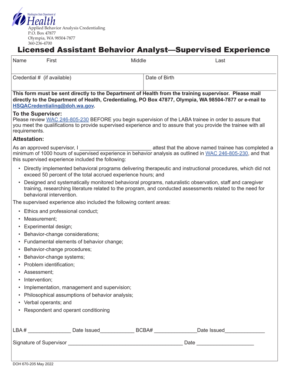 Form DOH670-205 Licensed Assistant Behavior Analyst - Supervised Experience - Washington, Page 1