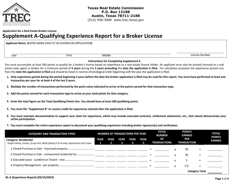 Form BL-A Supplement A Qualifying Experience Report for a Broker License - Texas, Page 1