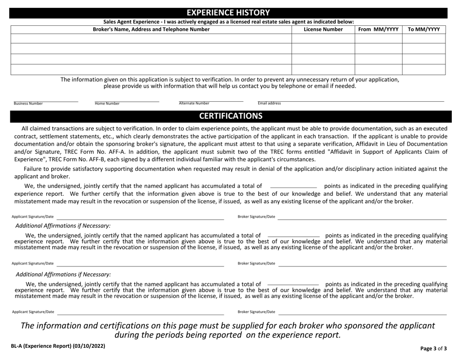Form BL-A Supplement A Qualifying Experience Report for a Broker License - Texas, Page 3
