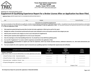 TREC Form BL-B Supplement B Qualifying Experience Report for a Broker License After an Application Has Been Filed - Texas