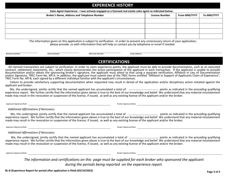 TREC Form BL-B Supplement B Qualifying Experience Report for a Broker License After an Application Has Been Filed - Texas, Page 3