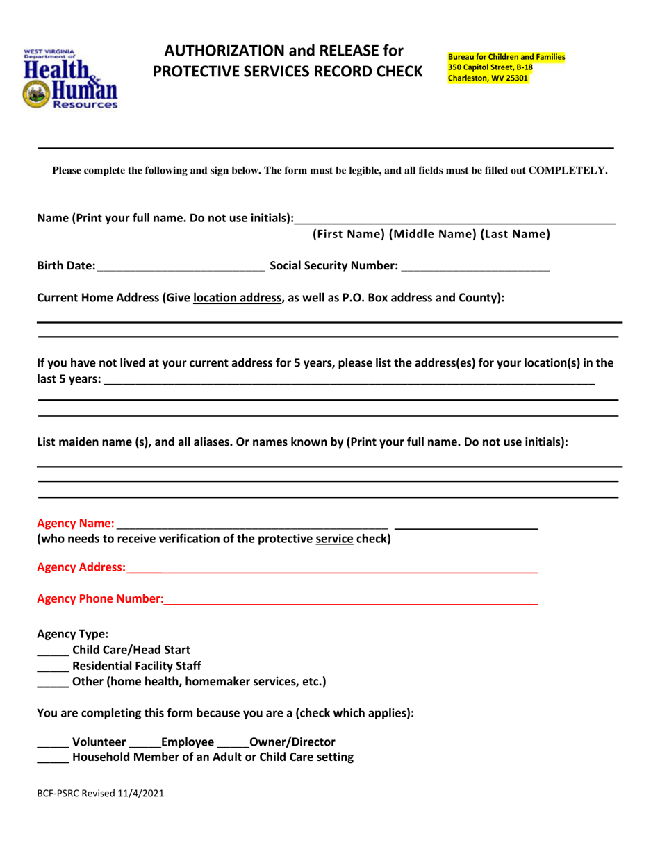 West Virginia Authorization and Release for Protective Services Record