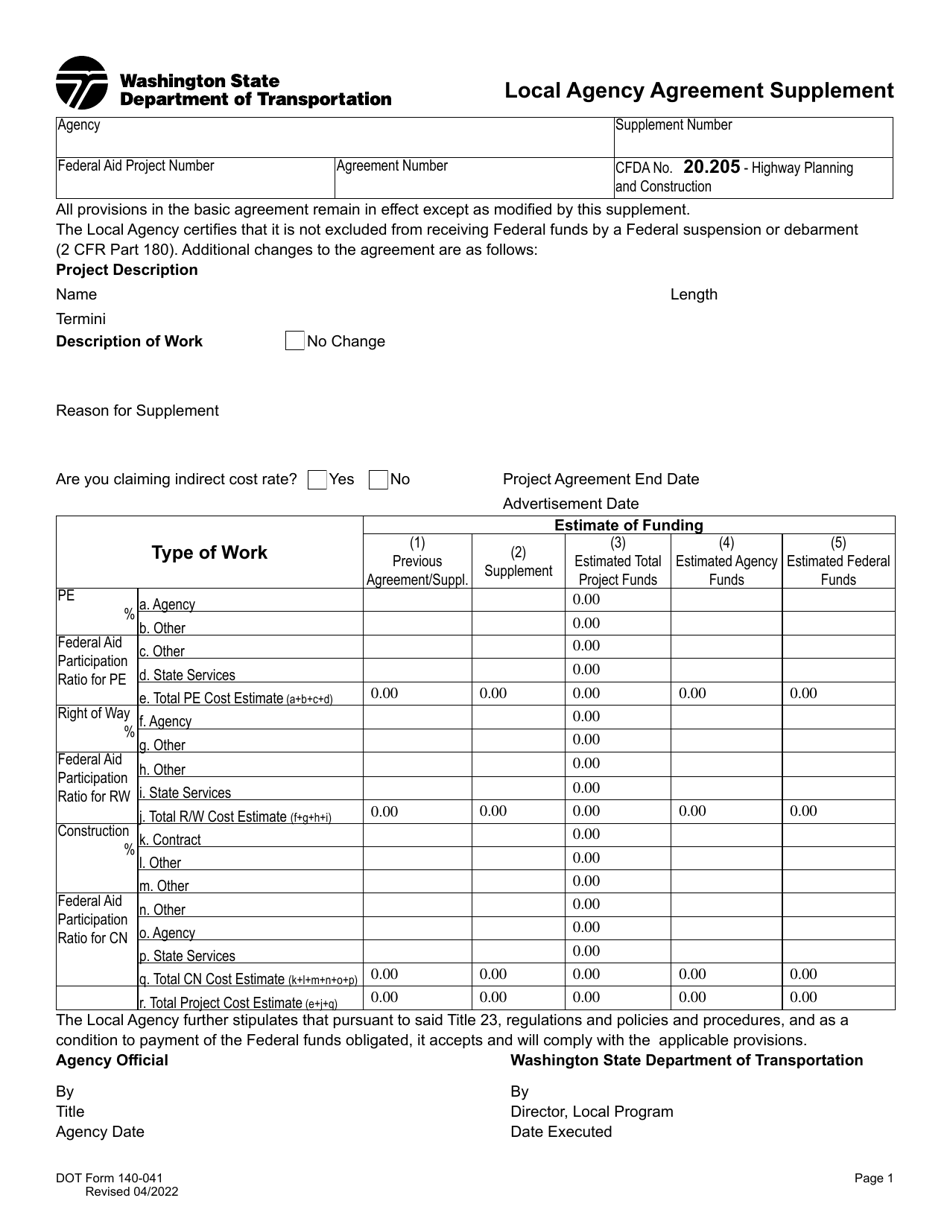 DOT Form 140-041 Local Agency Agreement Supplement - Washington, Page 1