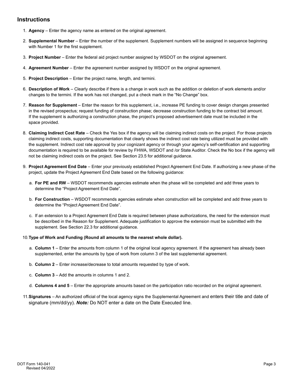 DOT Form 140-041 Local Agency Agreement Supplement - Washington, Page 3