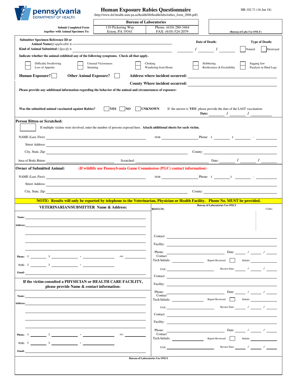 Form HR102.71 Human Exposure Rabies Questionnaire - Pennsylvania, Page 1