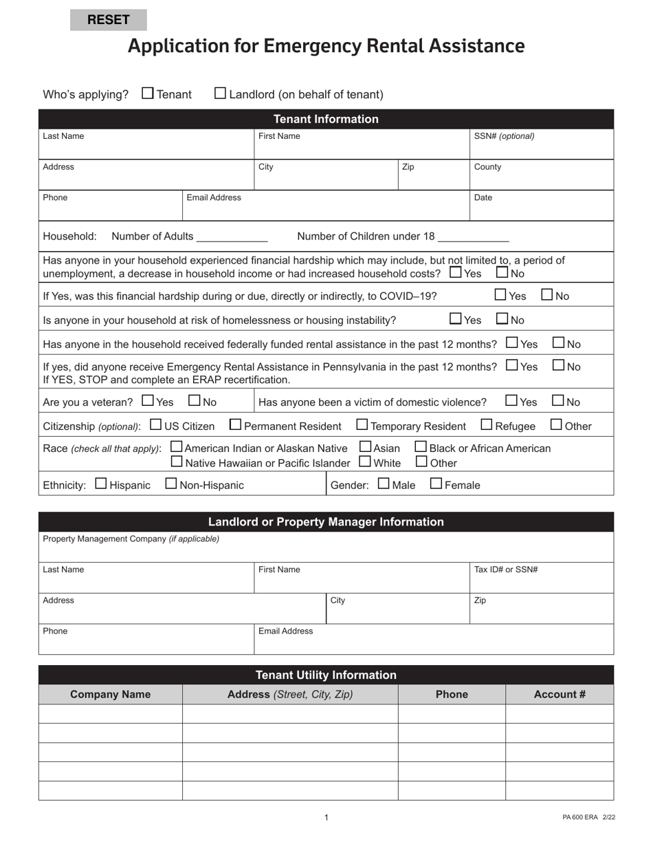Form PA600 ERA Application for Emergency Rental Assistance - Pennsylvania, Page 1