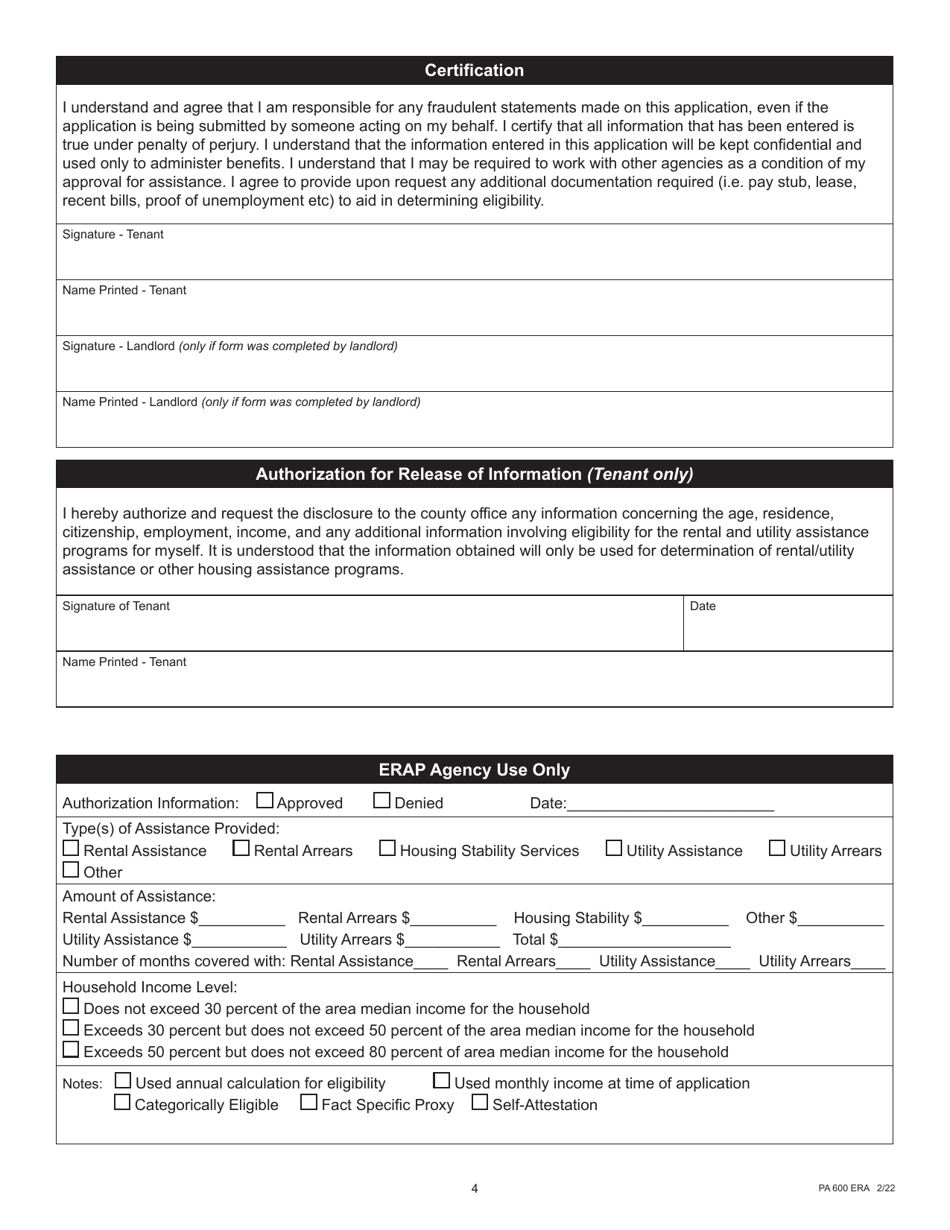 Form PA600 ERA Application for Emergency Rental Assistance - Pennsylvania, Page 4