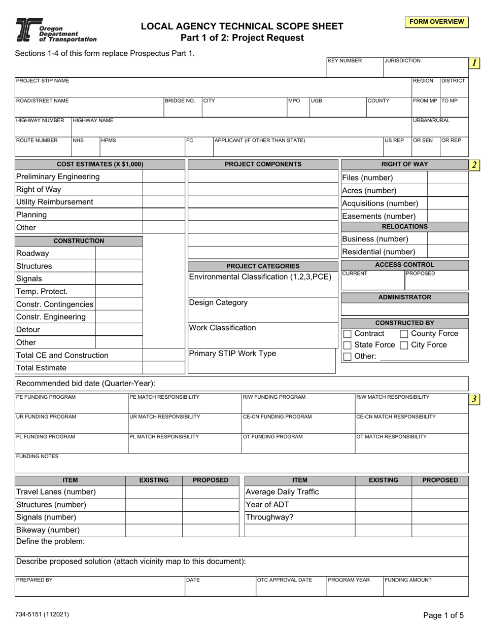 Form 734-5151 Local Agency Technical Scope Sheet - Oregon, Page 1