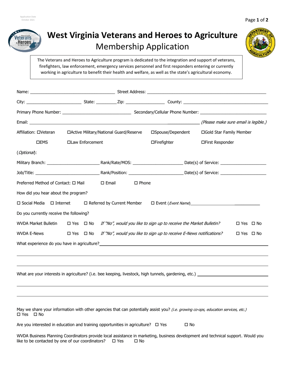 West Virginia Veterans and Heroes to Agriculture Membership Application - West Virginia, Page 1