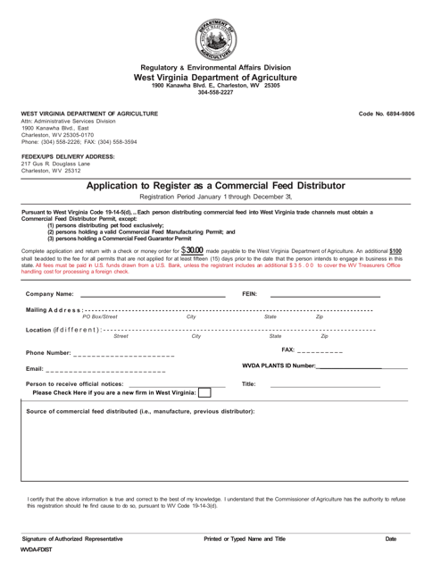 Application to Register as a Commercial Feed Distributor - West Virginia