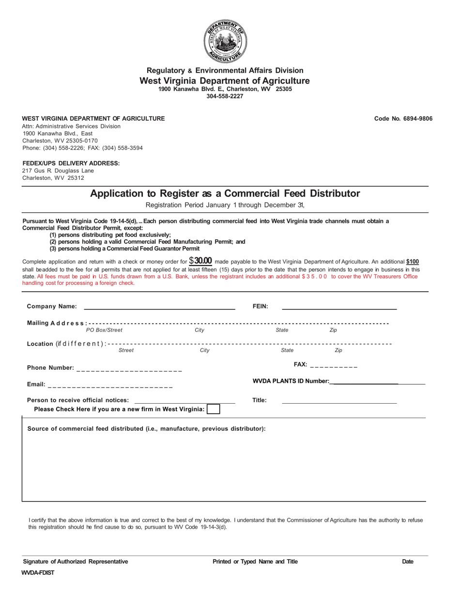 Application to Register as a Commercial Feed Distributor - West Virginia, Page 1