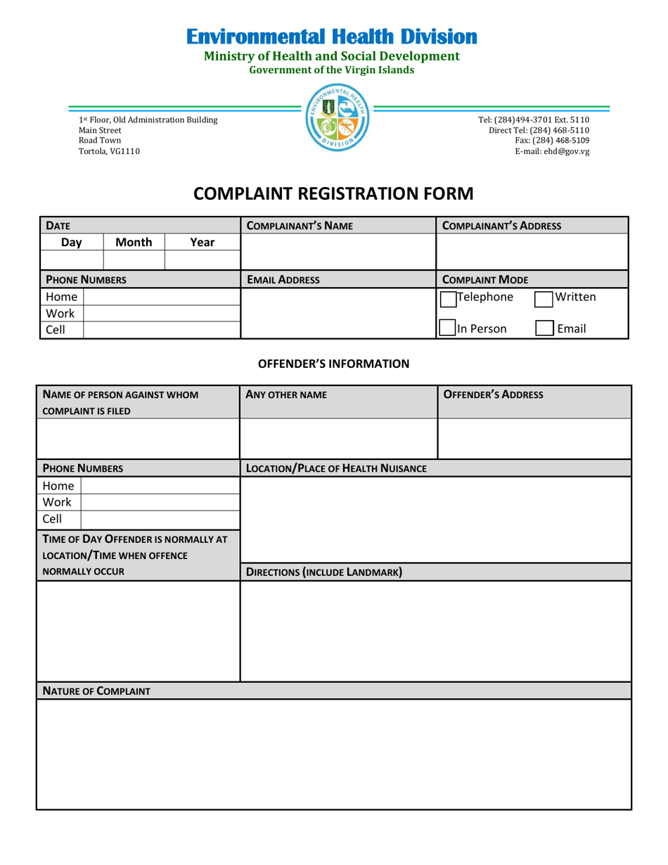 Complaint Registration Form - British Virgin Islands, Page 1