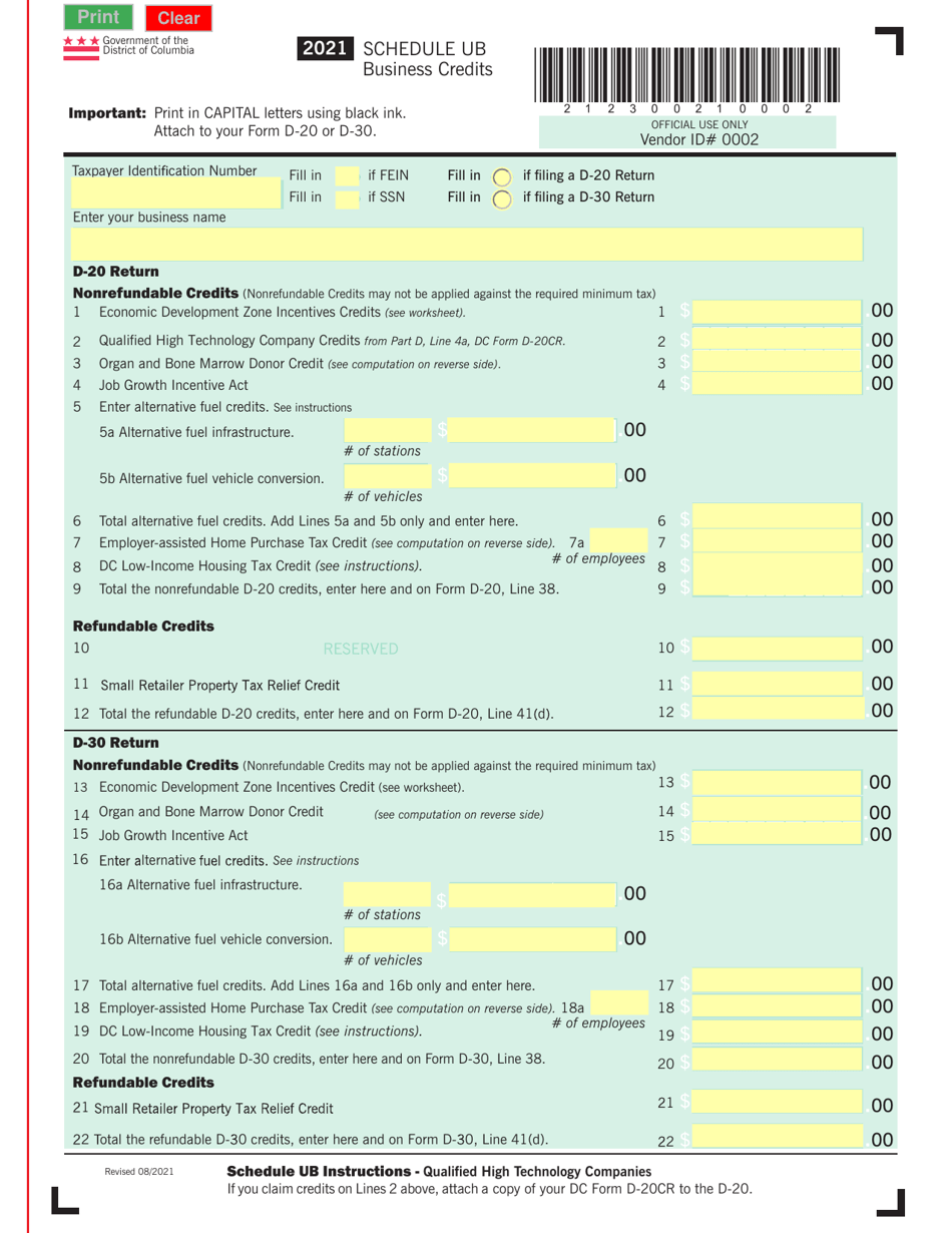Schedule UB Business Credits - Washington, D.C., Page 1