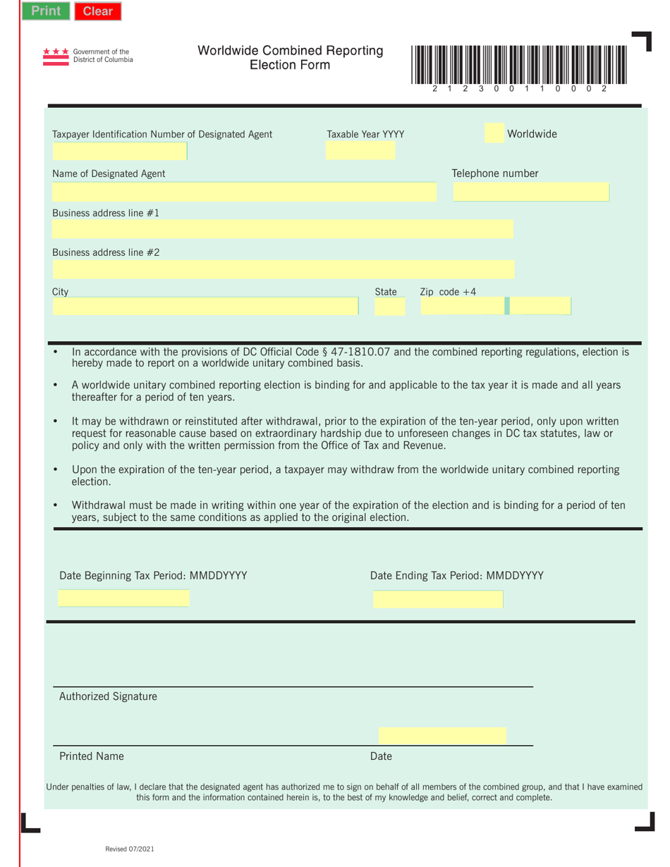 Worldwide Combined Reporting Election Form - Washington, D.C., Page 1