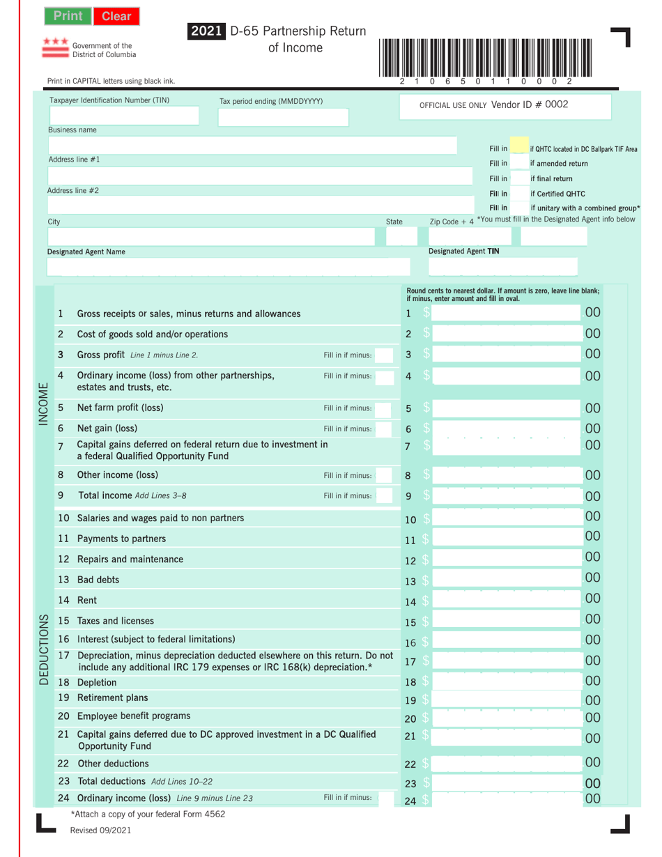 Form D-65 Partnership Return of Income - Washington, D.C., Page 1
