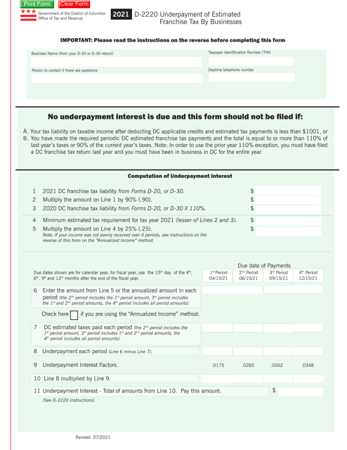 Form D-2220 Underpayment of Estimate Franchise Tax by Businesses - Washington, D.C., 2021