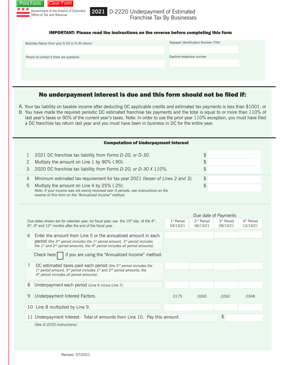 Form D-2220 Underpayment of Estimate Franchise Tax by Businesses - Washington, D.C., Page 1