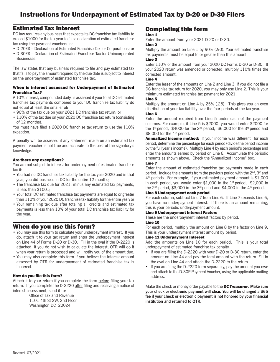 Form D-2220 Underpayment of Estimate Franchise Tax by Businesses - Washington, D.C., Page 2