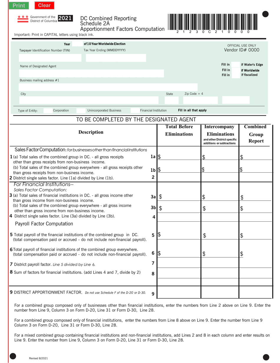 2021 Washington, D.C. Combined Reporting Schedule Apportionment