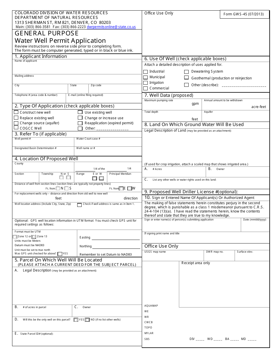 Form GWS-45 General Purpose Water Well Permit Application - Colorado, Page 1
