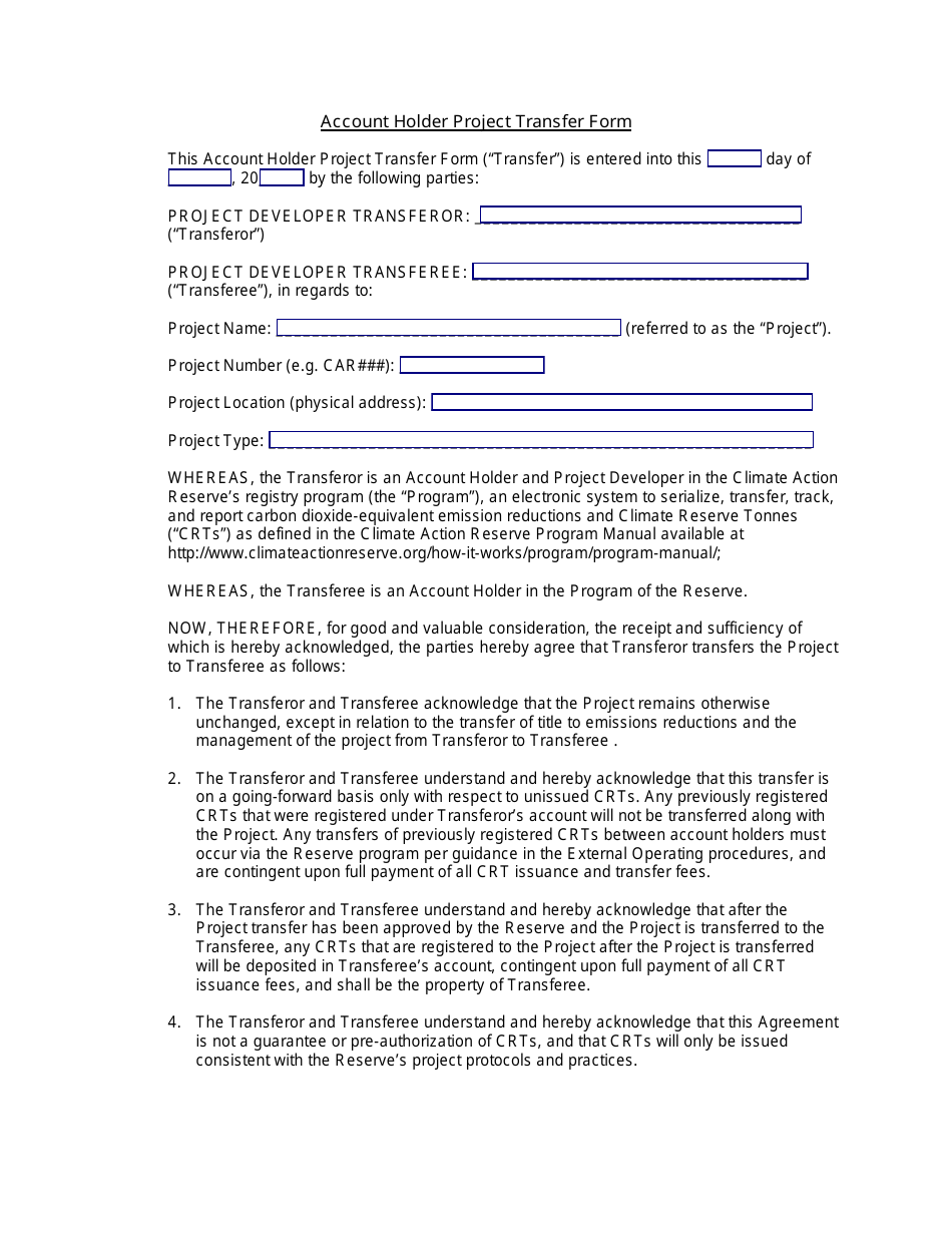 Account Holder Project Transfer Form - California, Page 1