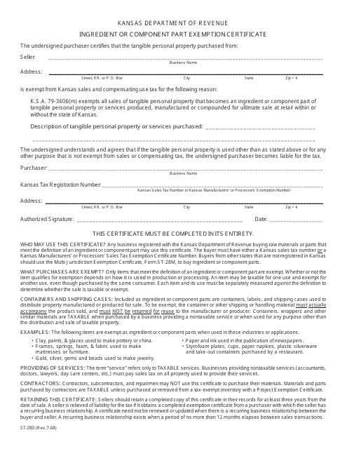 Form ST-28D Ingredient or Component Part Exemption Certificate - Kansas