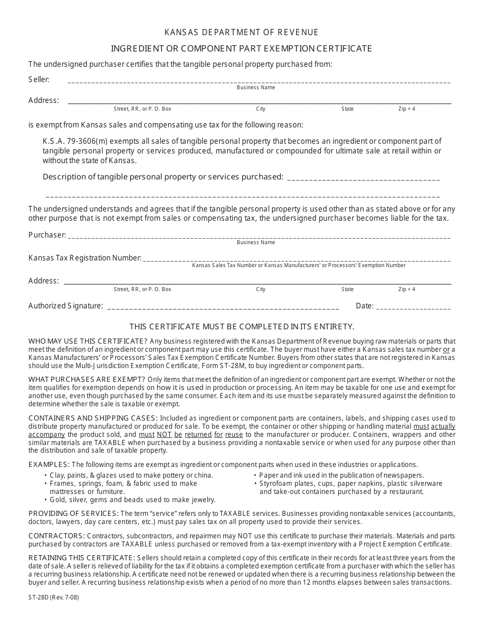 Form ST-28D Ingredient or Component Part Exemption Certificate - Kansas, Page 1