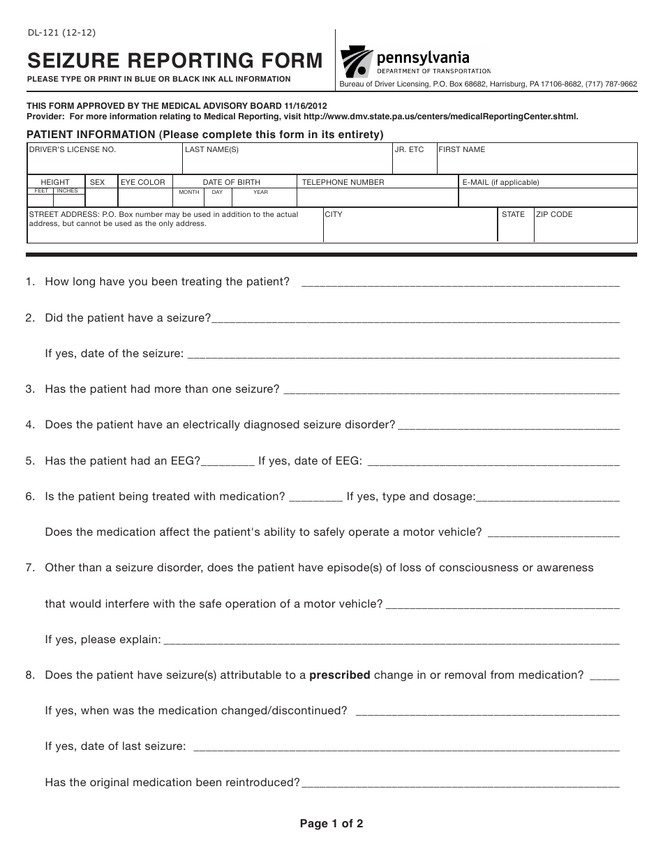 Form DL-121 Seizure Reporting Form - Pennsylvania, Page 1