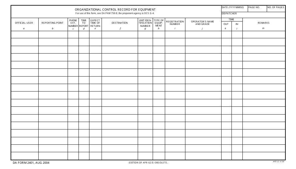 DA Form 2401 Organizational Control Record for Equipment, Page 1