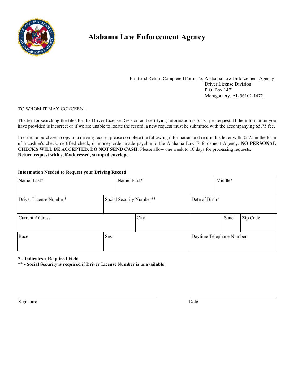 Driver Record Request Form - Alabama, Page 1