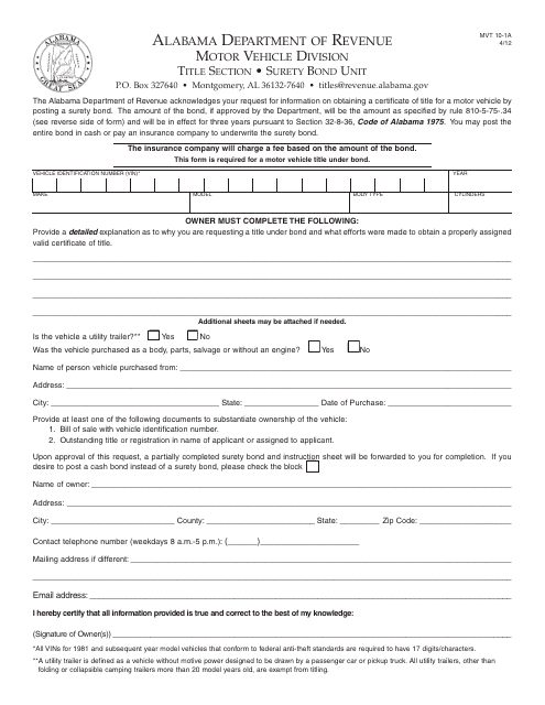 Form MVT-10-1A Surety Bond Request - Alabama